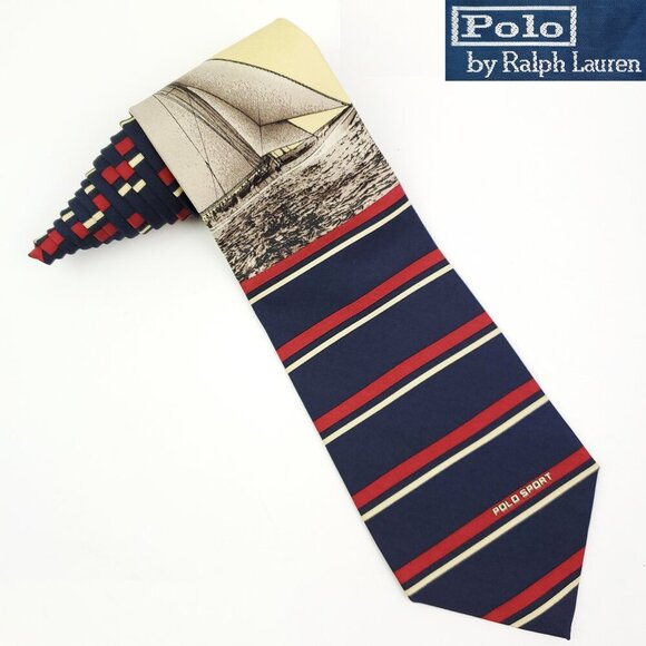 Polo Sport Ralph Lauren Tie Vintage Necktie Sailboat Silk Made USA 56" NWT - Picture 1 of 11